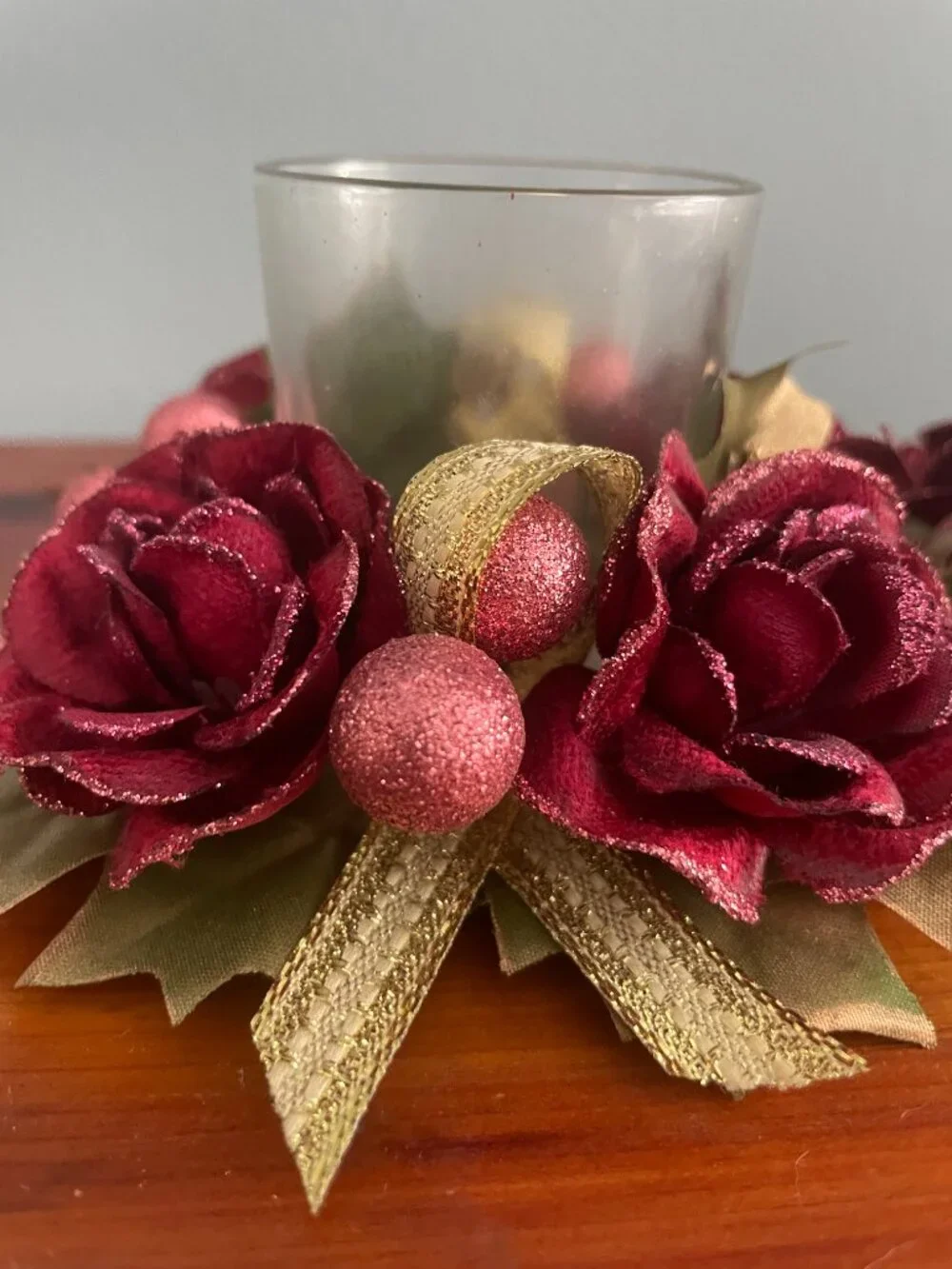 Set of 2 Votive Candle Holder Rings Floral Roses Cranberries Holly Christmas